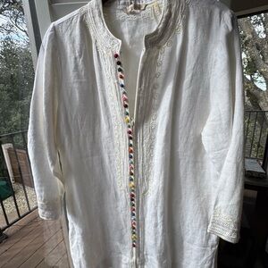 Soft Surroundings White Tunic with Embroidery. Linen, French knots, full zip